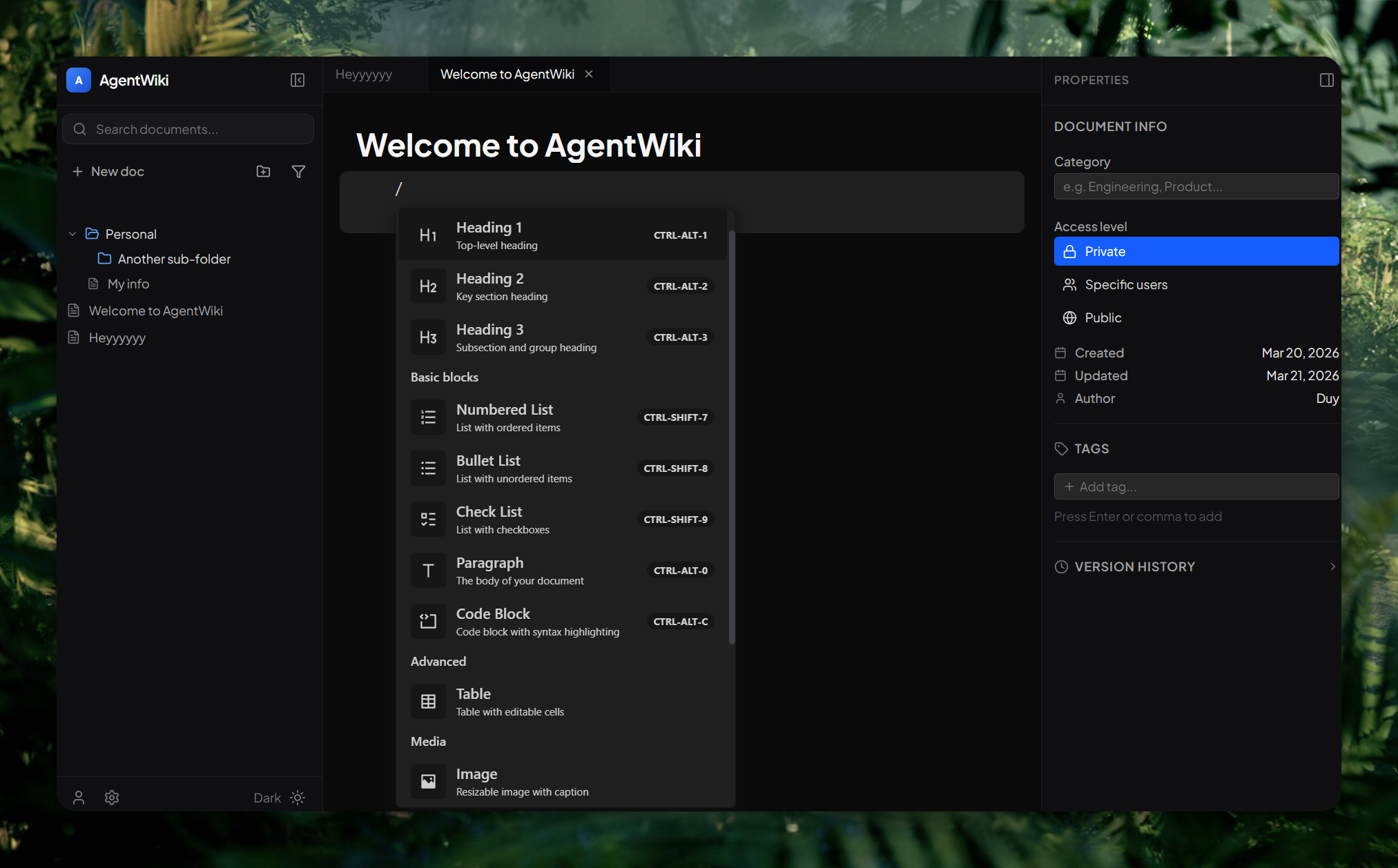 AgentWiki app — knowledge base editor with sidebar navigation, block editor, and document properties